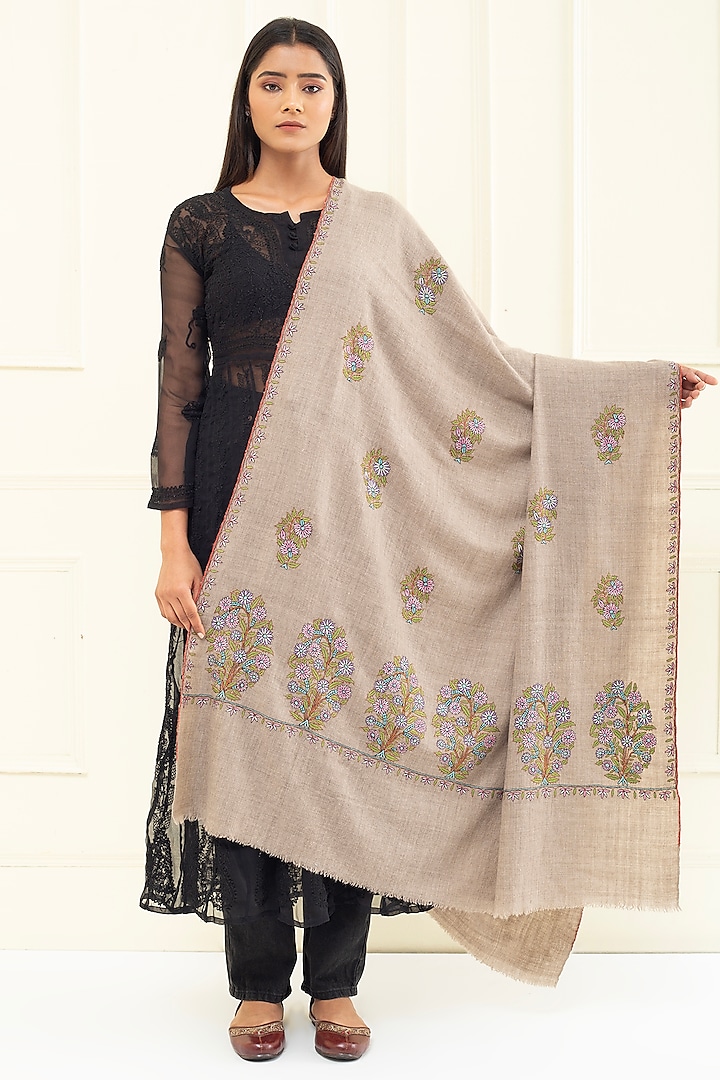 Beige Pashmina Hand Embroidered Shawl by Pashme`Ladakh at Pernia's Pop Up Shop