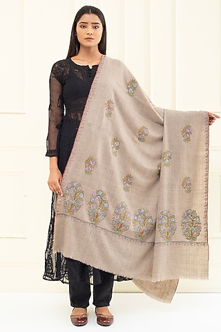 Beige Pashmina Hand Embroidered Shawl by Pashme`Ladakh