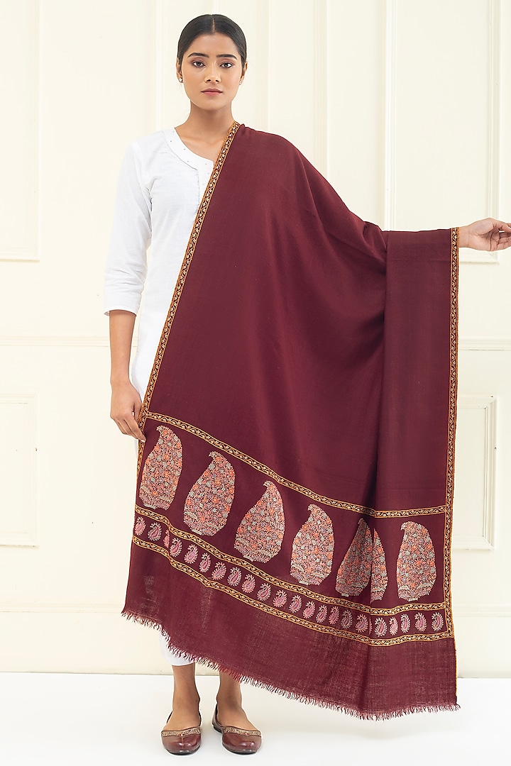 Maroon Pashmina Hand Embroidered Shawl by Pashme`Ladakh at Pernia's Pop Up Shop