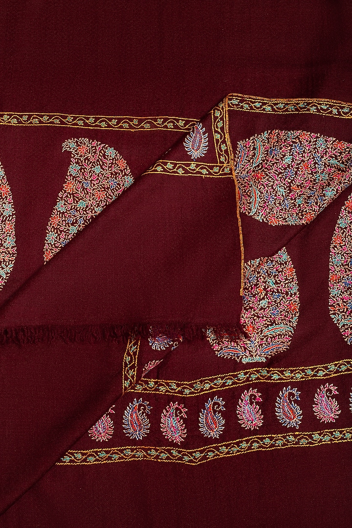 Maroon Pashmina Hand Embroidered Shawl by Pashme`Ladakh at Pernia's Pop Up Shop