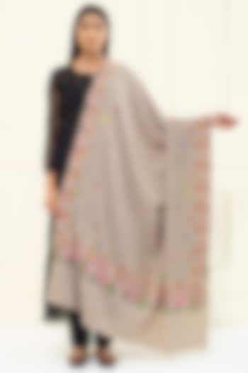 Khaki Brown Pashmina Hand Embroidered Shawl by Pashme`Ladakh at Pernia's Pop Up Shop