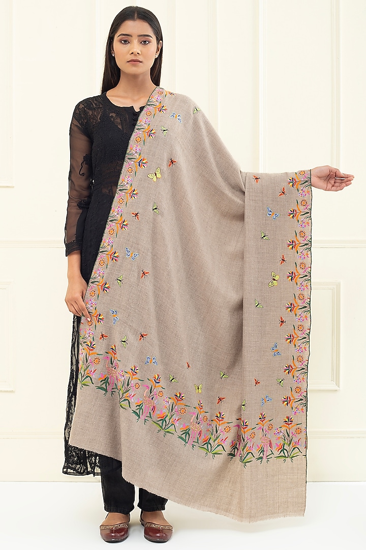 Khaki Brown Pashmina Hand Embroidered Shawl by Pashme`Ladakh at Pernia's Pop Up Shop