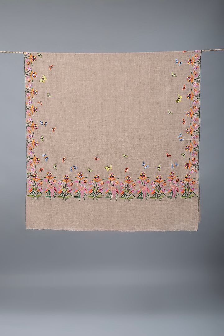 Khaki Brown Pashmina Hand Embroidered Shawl by Pashme`Ladakh at Pernia's Pop Up Shop