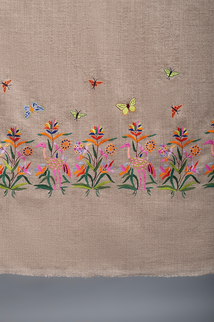 Khaki Brown Pashmina Hand Embroidered Shawl by Pashme`Ladakh at Pernia's Pop Up Shop