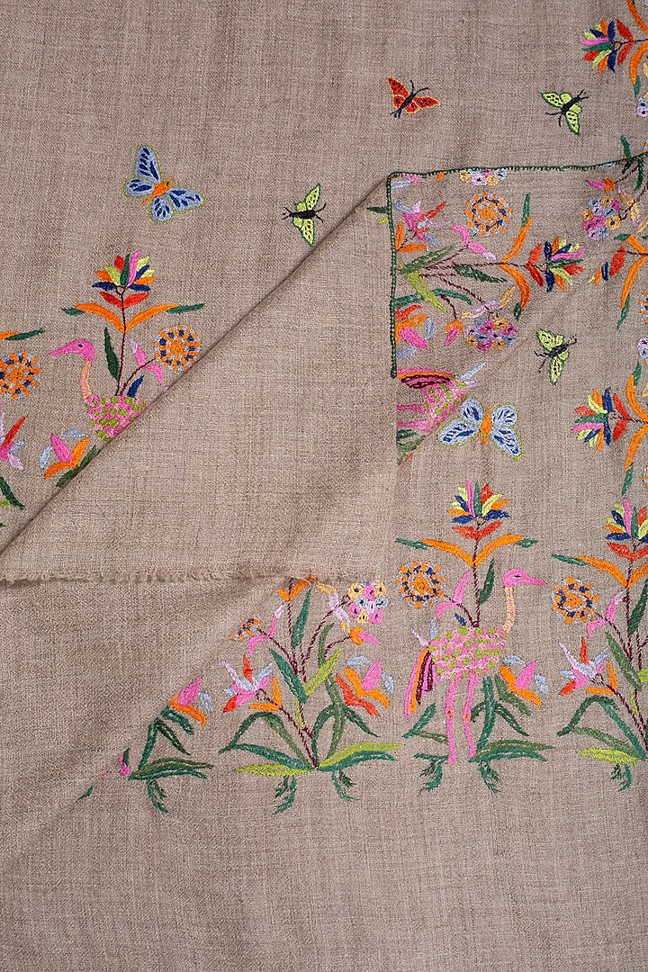 Khaki Brown Pashmina Hand Embroidered Shawl by Pashme`Ladakh at Pernia's Pop Up Shop