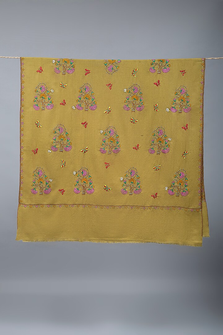 Olive Green Pashmina Hand Embroidered Shawl by Pashme`Ladakh at Pernia's Pop Up Shop