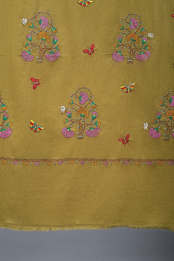 Olive Green Pashmina Hand Embroidered Shawl by Pashme`Ladakh at Pernia's Pop Up Shop