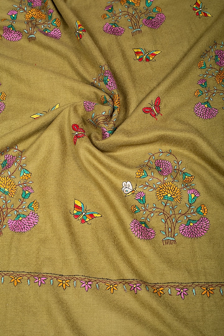 Olive Green Pashmina Hand Embroidered Shawl by Pashme`Ladakh at Pernia's Pop Up Shop