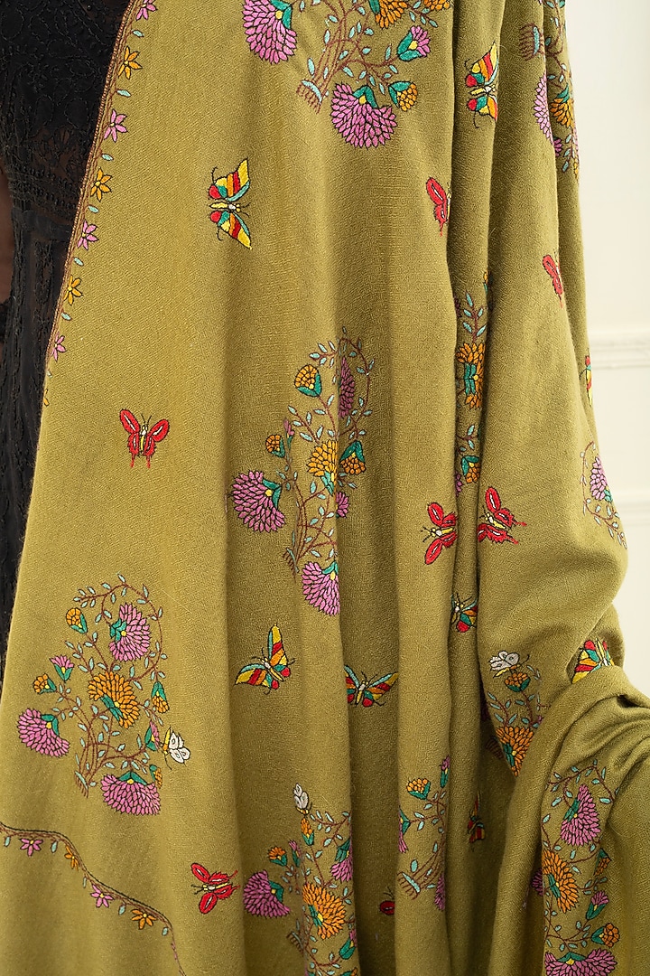 Olive Green Pashmina Hand Embroidered Shawl by Pashme`Ladakh at Pernia's Pop Up Shop