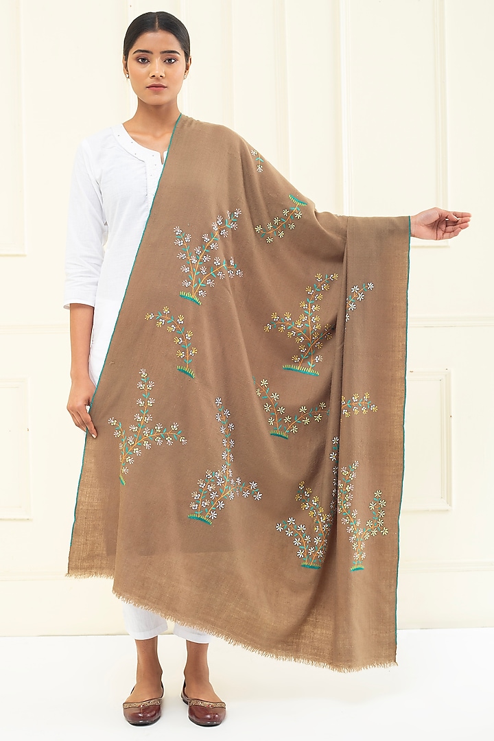 Khaki Brown Pashmina Hand Embroidered Shawl by Pashme`Ladakh at Pernia's Pop Up Shop