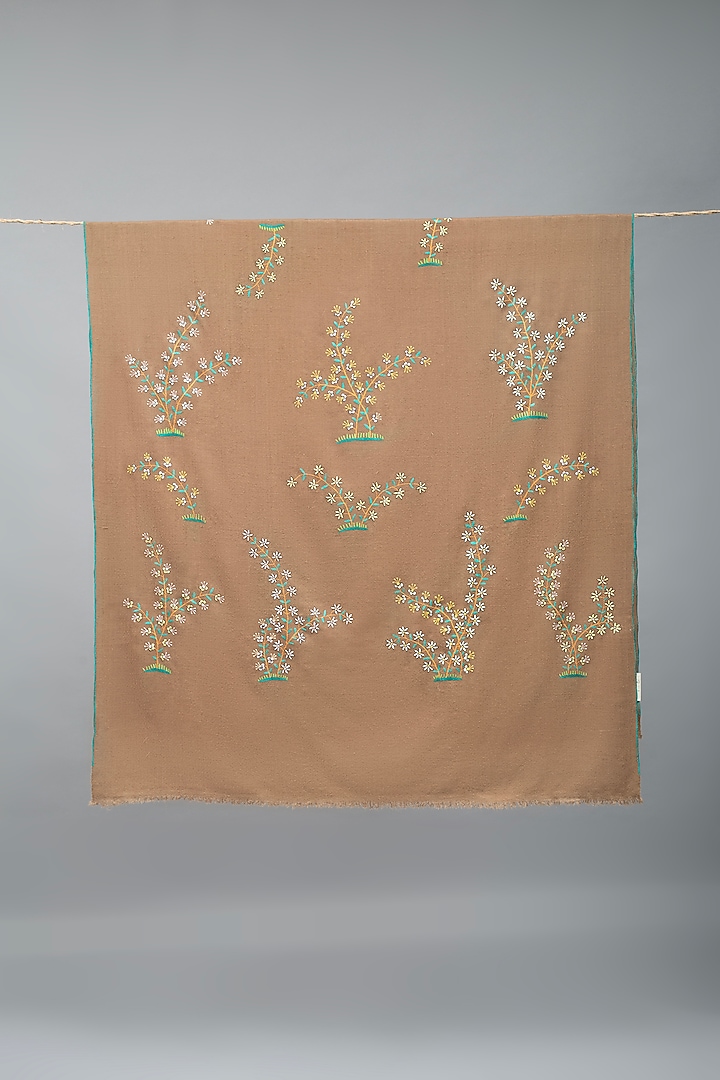 Khaki Brown Pashmina Hand Embroidered Shawl by Pashme`Ladakh at Pernia's Pop Up Shop