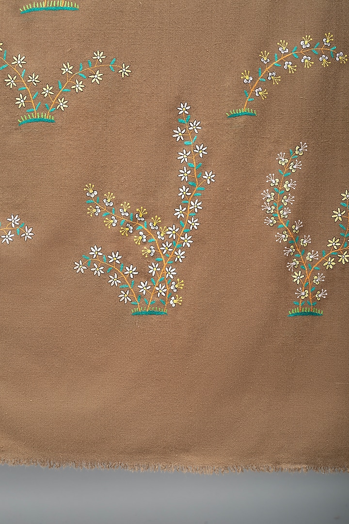 Khaki Brown Pashmina Hand Embroidered Shawl by Pashme`Ladakh at Pernia's Pop Up Shop