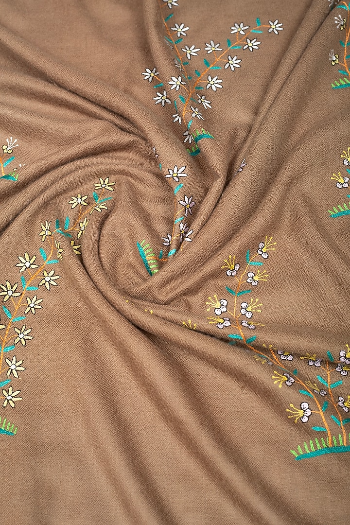 Khaki Brown Pashmina Hand Embroidered Shawl by Pashme`Ladakh at Pernia's Pop Up Shop