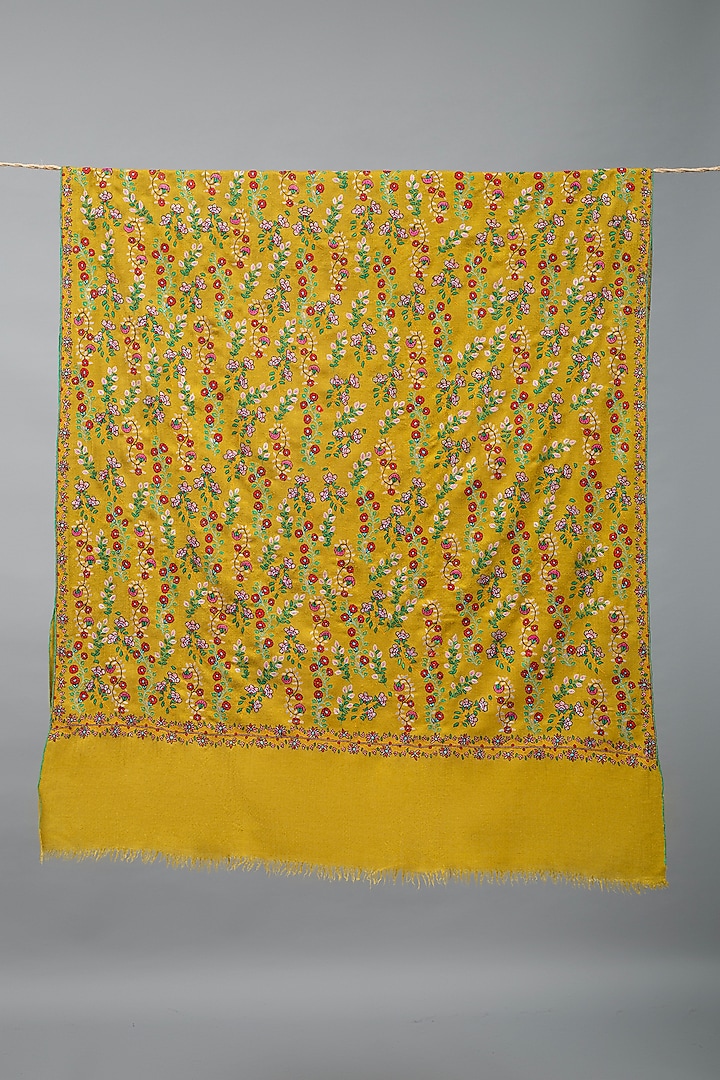 Mustard Yellow Pashmina Hand Embroidered Shawl by Pashme`Ladakh at Pernia's Pop Up Shop