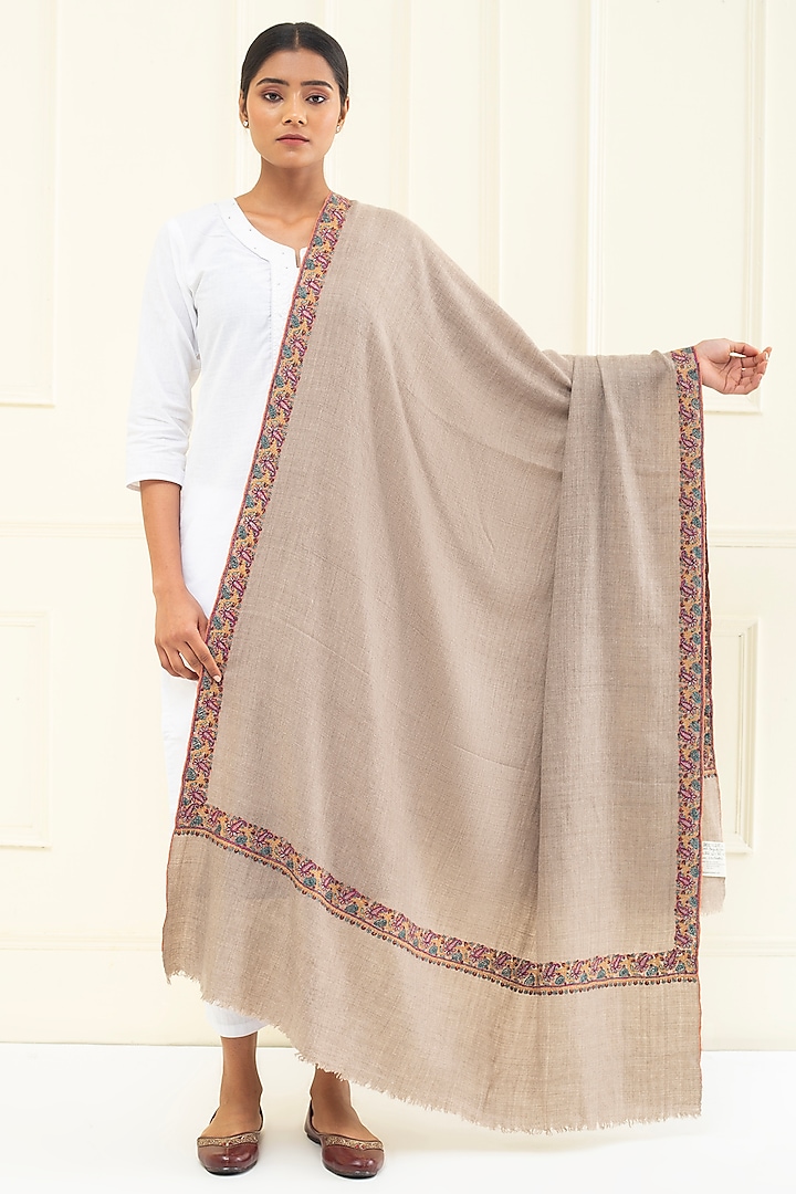 Light Grey Pashmina Hand Embroidered Shawl by Pashme`Ladakh at Pernia's Pop Up Shop