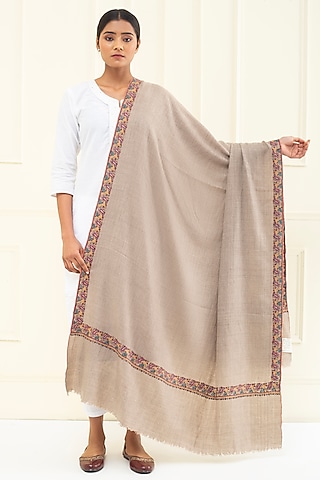 Light Grey Pashmina Hand Embroidered Shawl by Pashme`Ladakh