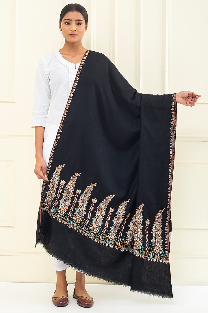 Black Pashmina Hand Embroidered Shawl by Pashme`Ladakh at Pernia's Pop Up Shop