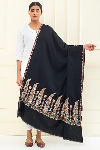 Black Pashmina Hand Embroidered Shawl by Pashme`Ladakh