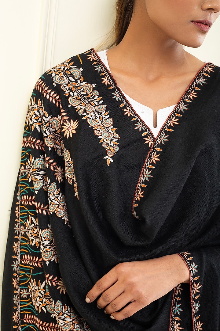 Black Pashmina Hand Embroidered Shawl by Pashme`Ladakh at Pernia's Pop Up Shop