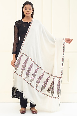 Ivory Pashmina Hand Embroidered Shawl by Pashme`Ladakh