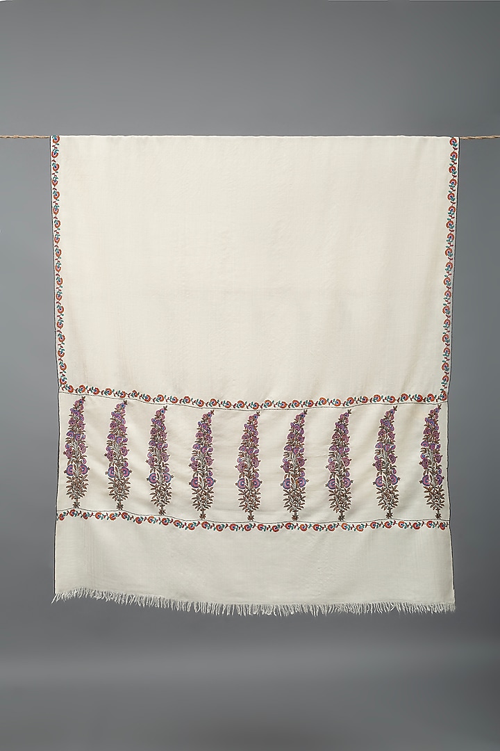 Ivory Pashmina Hand Embroidered Shawl by Pashme`Ladakh at Pernia's Pop Up Shop
