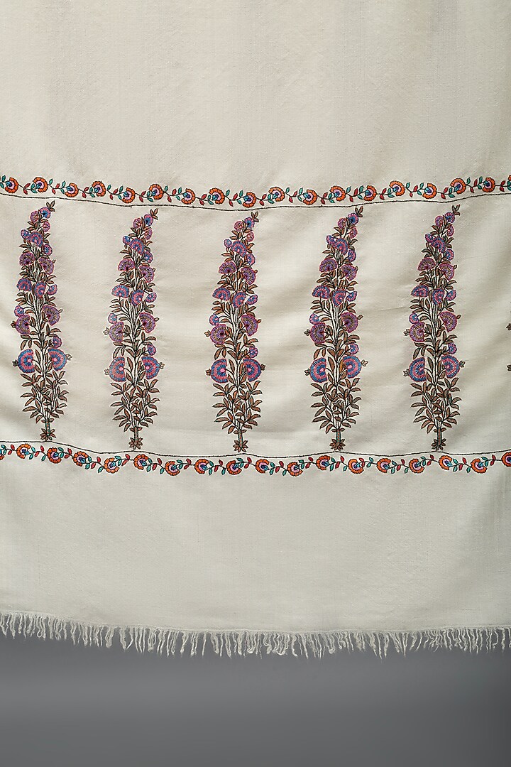 Ivory Pashmina Hand Embroidered Shawl by Pashme`Ladakh at Pernia's Pop Up Shop