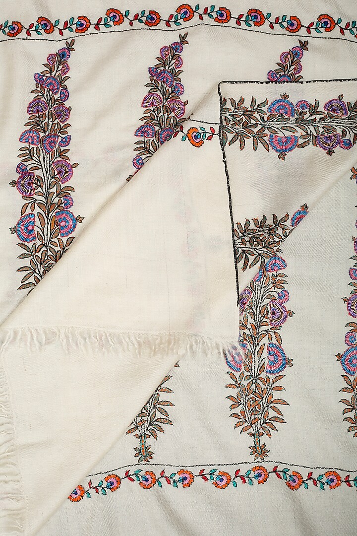 Ivory Pashmina Hand Embroidered Shawl by Pashme`Ladakh at Pernia's Pop Up Shop