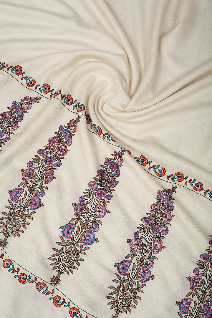 Ivory Pashmina Hand Embroidered Shawl by Pashme`Ladakh at Pernia's Pop Up Shop