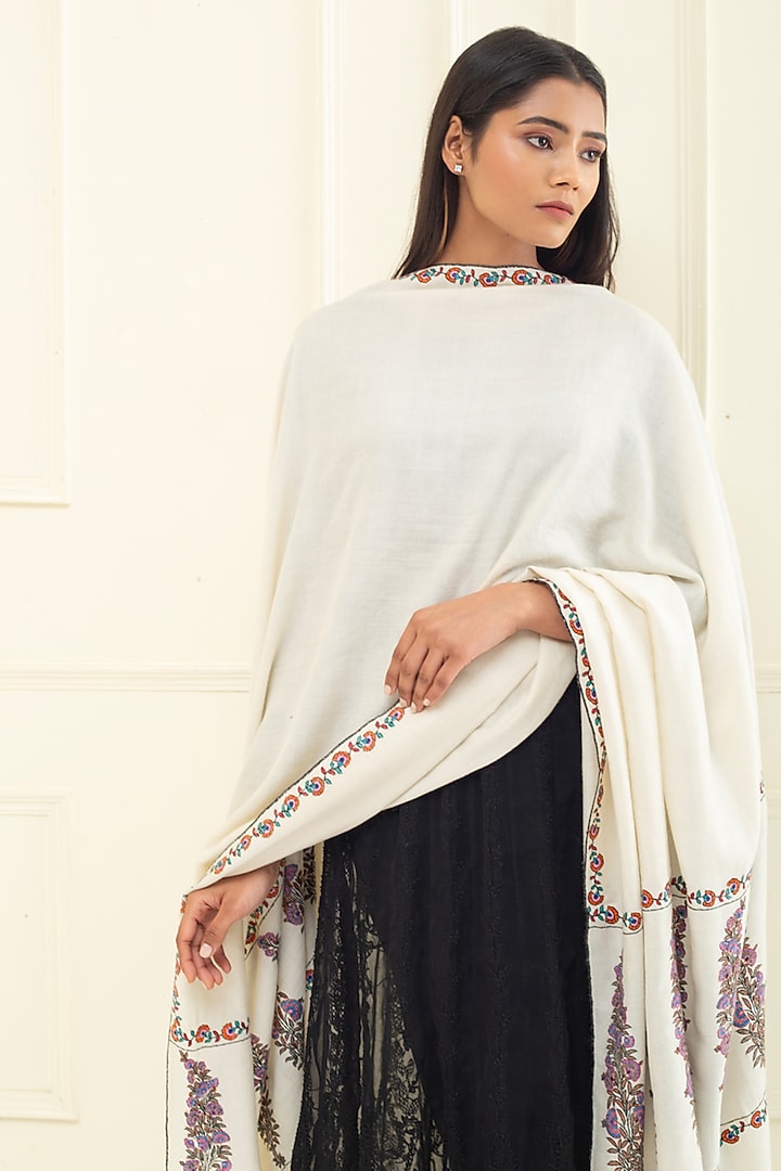 Ivory Pashmina Hand Embroidered Shawl by Pashme`Ladakh at Pernia's Pop Up Shop