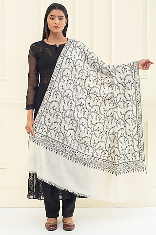 Ivory & Black Pashmina Hand Embroidered Shawl by Pashme`Ladakh