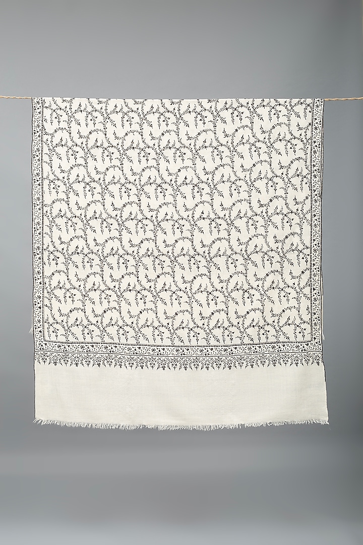 Ivory & Black Pashmina Hand Embroidered Shawl by Pashme`Ladakh at Pernia's Pop Up Shop