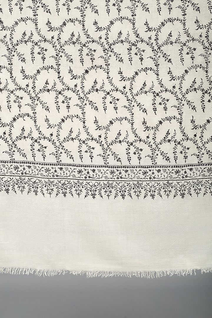 Ivory & Black Pashmina Hand Embroidered Shawl by Pashme`Ladakh at Pernia's Pop Up Shop