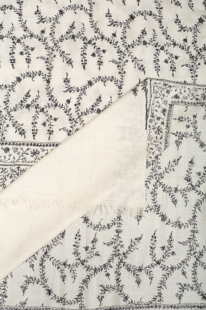 Ivory & Black Pashmina Hand Embroidered Shawl by Pashme`Ladakh at Pernia's Pop Up Shop
