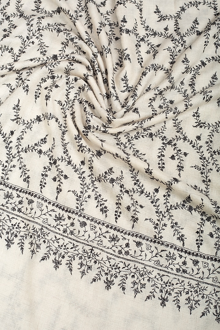 Ivory & Black Pashmina Hand Embroidered Shawl by Pashme`Ladakh at Pernia's Pop Up Shop