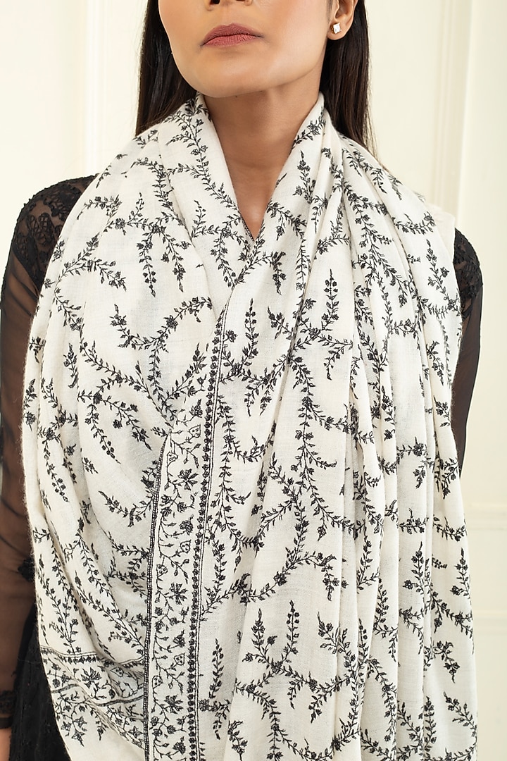 Ivory & Black Pashmina Hand Embroidered Shawl by Pashme`Ladakh at Pernia's Pop Up Shop