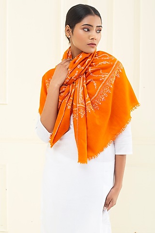 Orange Pashmina Hand Embroidered Shawl by Pashme`Ladakh