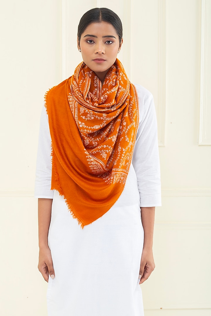 Rust Orange Pashmina Hand Embroidered Shawl by Pashme`Ladakh at Pernia's Pop Up Shop