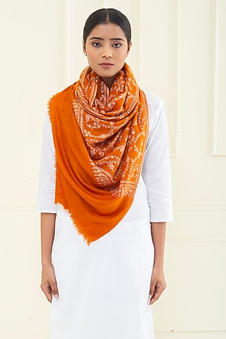 Rust Orange Pashmina Hand Embroidered Shawl by Pashme`Ladakh