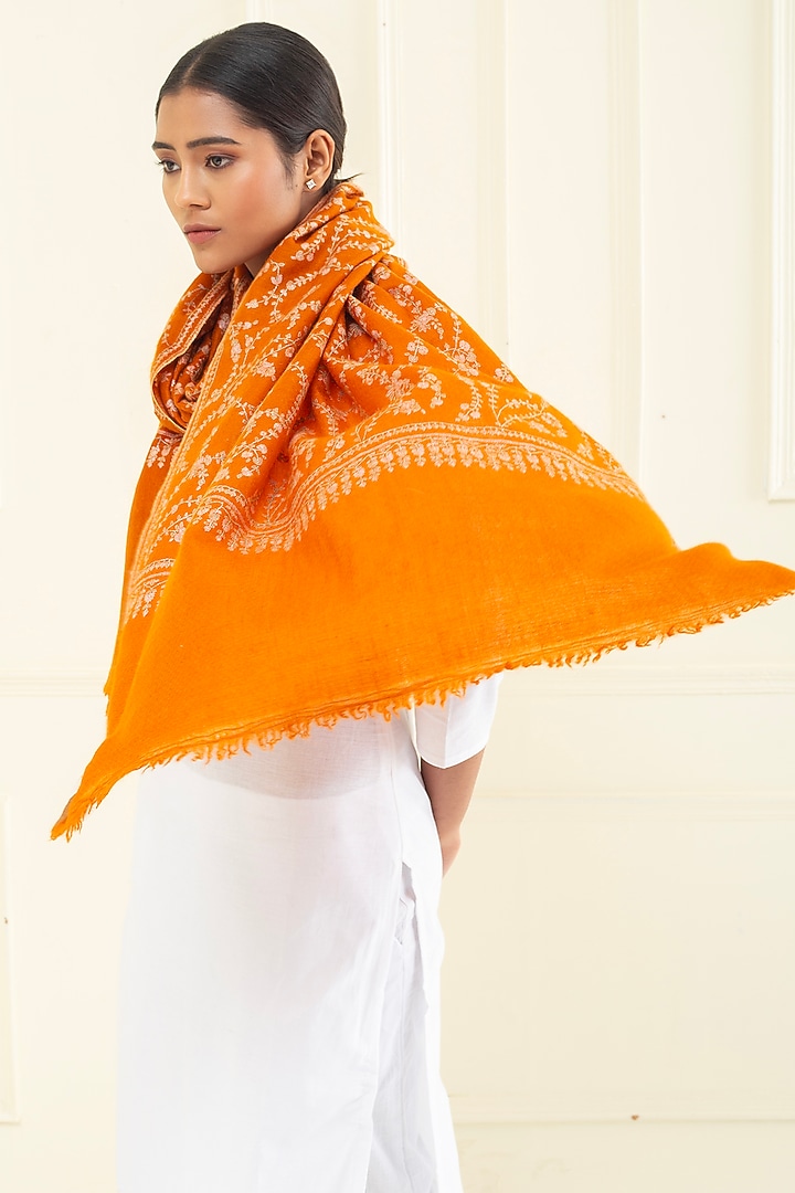 Rust Orange Pashmina Hand Embroidered Shawl by Pashme`Ladakh at Pernia's Pop Up Shop