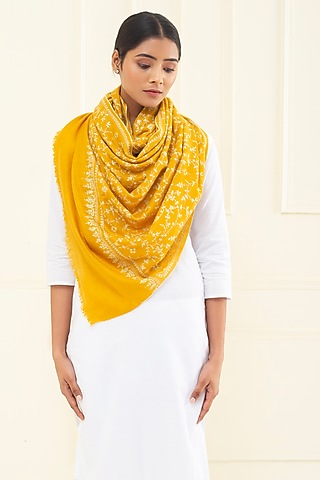 Mustard Yellow Pashmina Hand Embroidered Shawl by Pashme`Ladakh
