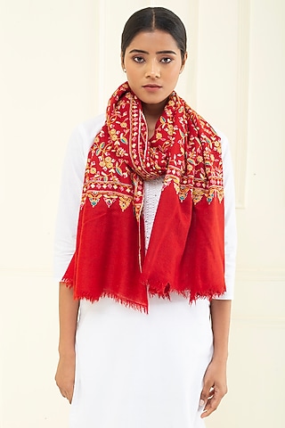 Red Pashmina Hand Embroidered Shawl by Pashme`Ladakh