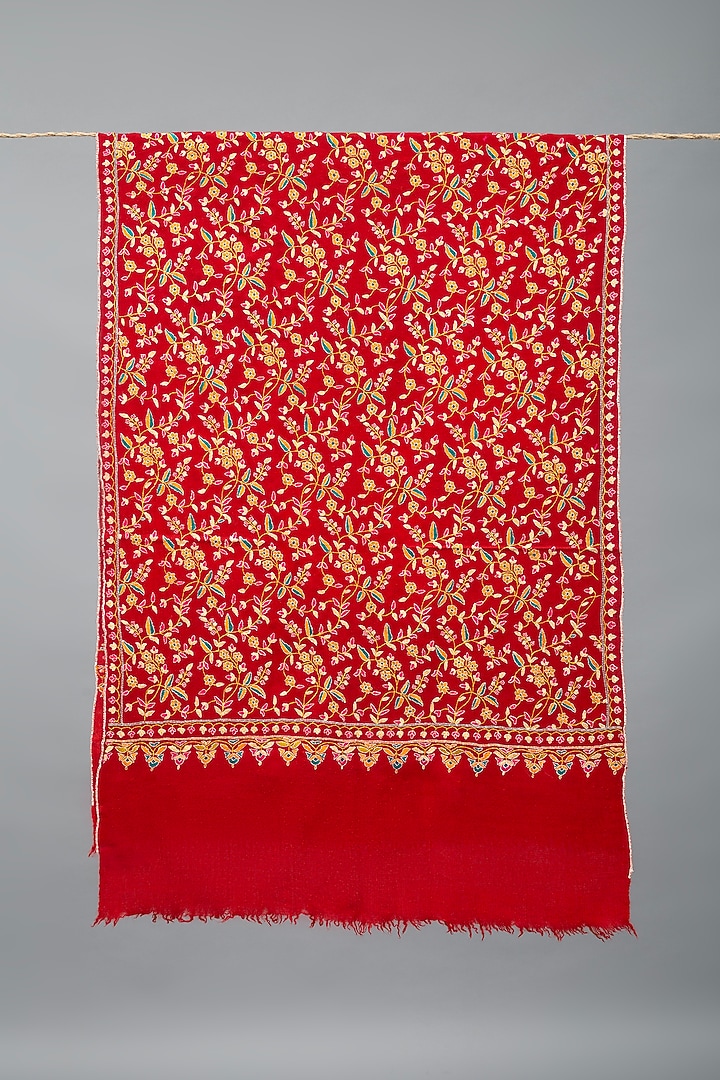 Red Pashmina Hand Embroidered Shawl by Pashme`Ladakh at Pernia's Pop Up Shop