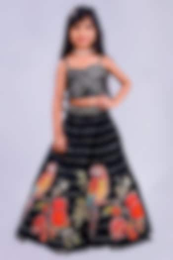 Black Satin Raw Silk Applique Embroidered Lehenga Set For Girls by Lakshmi Reddy at Pernia's Pop Up Shop