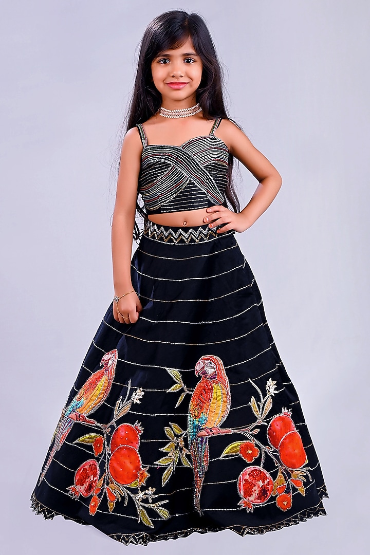 Black Satin Raw Silk Applique Embroidered Lehenga Set For Girls by Lakshmi Reddy at Pernia's Pop Up Shop