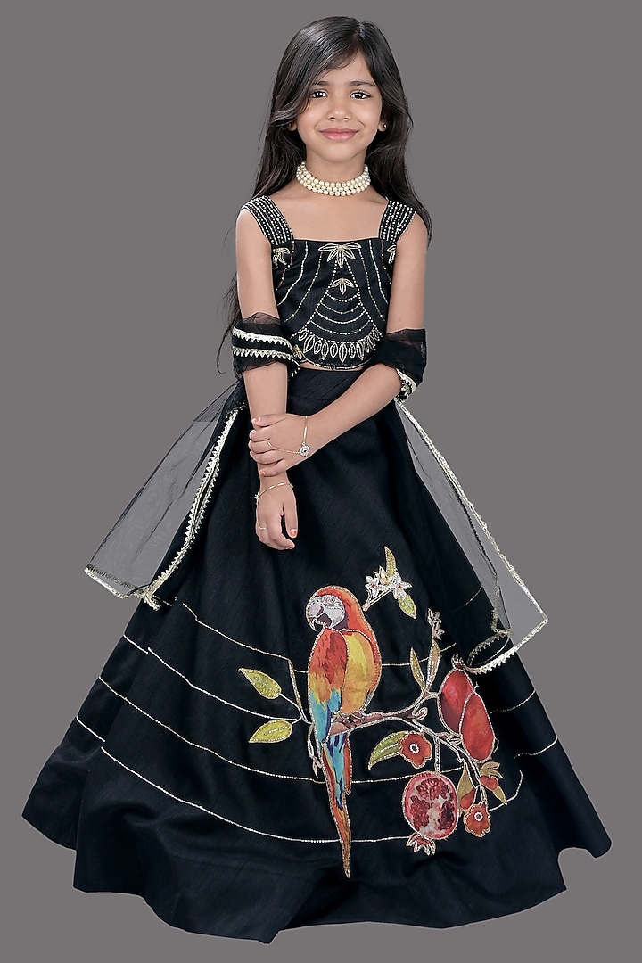 Black Raw Silk Applique Embroidered Lehenga Set For Girls by Lakshmi Reddy