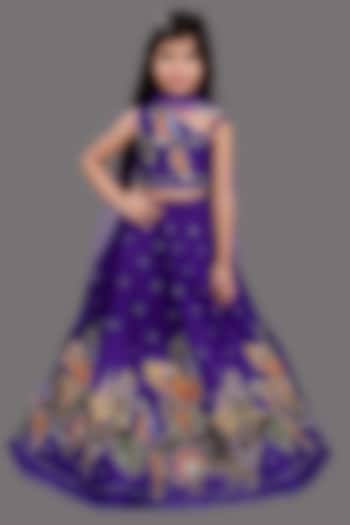 Purple Raw Silk Applique Embroidered Lehenga Set For Girls by Lakshmi Reddy
