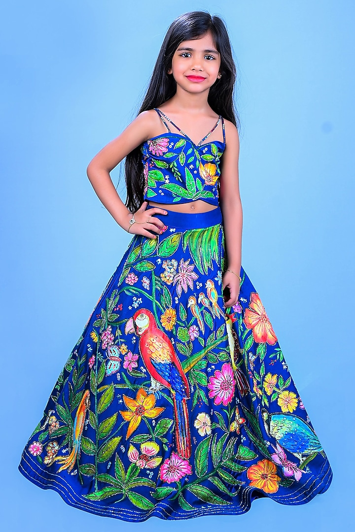 Blue Satin Raw Silk Embroidered Hand Painted Lehenga Set For Girls by Lakshmi Reddy
