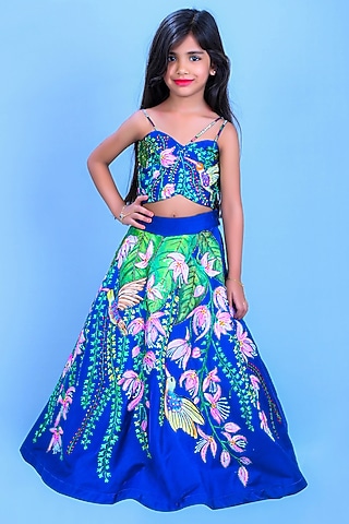 Blue Satin Raw Silk Embroidered Hand Painted Lehenga Set For Girls by Lakshmi Reddy