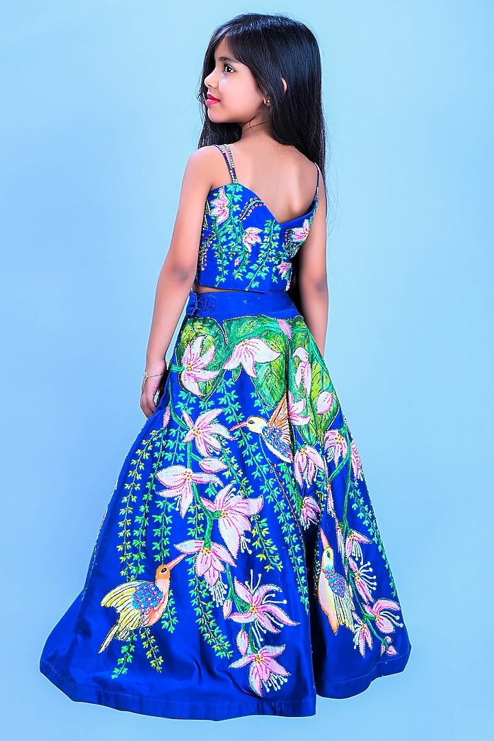 Blue Satin Raw Silk Embroidered Hand Painted Lehenga Set For Girls by Lakshmi Reddy at Pernia's Pop Up Shop
