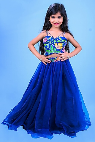 Blue Net Gathered Lehenga Set For Girls by Lakshmi Reddy